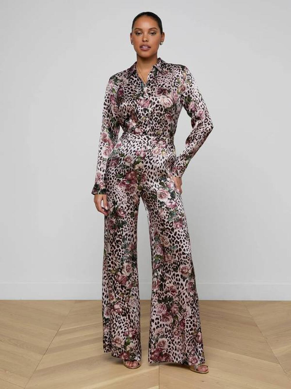 L'AGENCE Pilar Wide Leg Silk Pants in Cheetah Rose 8